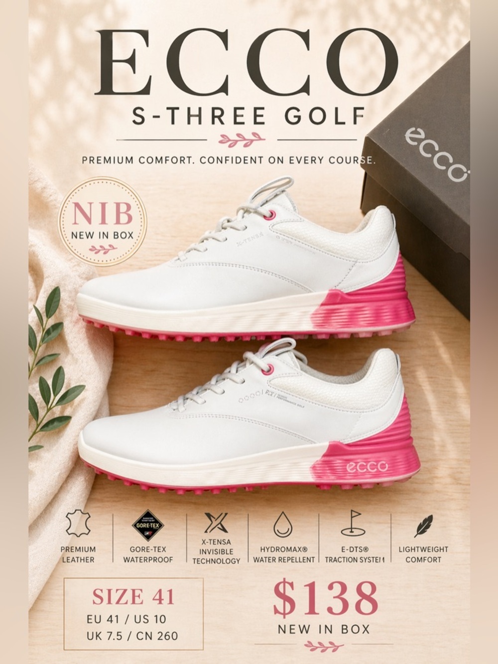 ECCO S-Three Golf Shoes White Pink Sole EU 41 US 10 NIB Waterproof